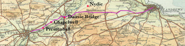 Medieval route from Cupar to St Andrews. Click for larger image.